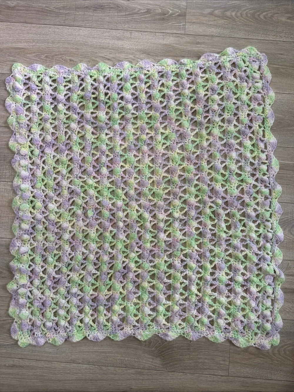 Crocheted Baby Blanket Handmade Soft Pastel Colors Purple Pink Green 37